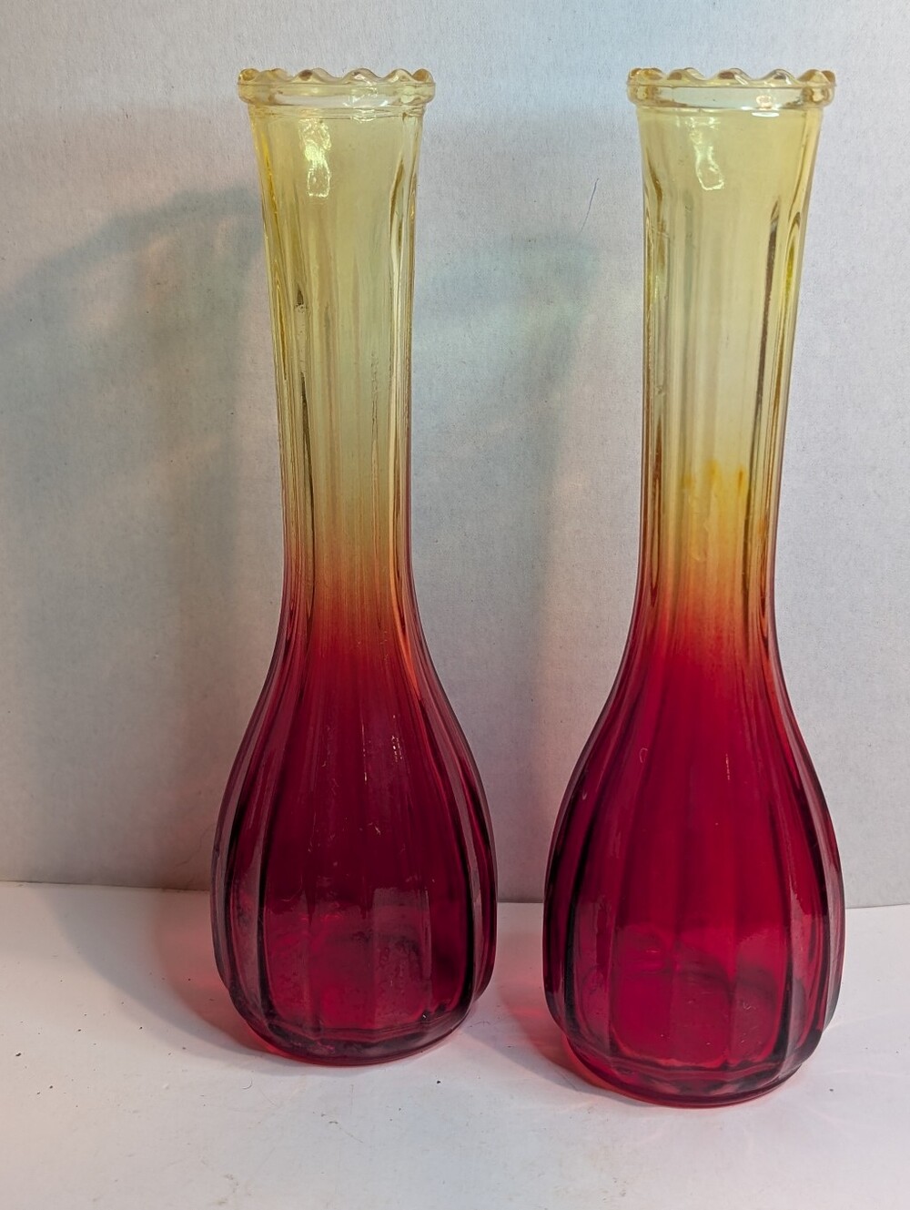 Two Jeanette Glass Amberina Bud Vase Vintage.